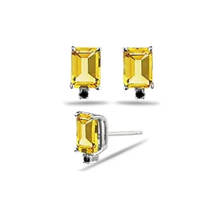 0.03 Cts Black Diamond & 2.00 Cts of 7x5 mm AAA Emerald Citrine Stud Earrings in 18K White Gold