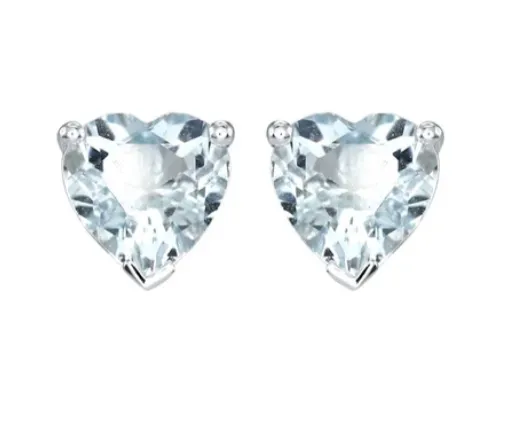 10k White Gold Plated 4 Carat Heart Created Aquamarine Sapphire Stud Earrings
