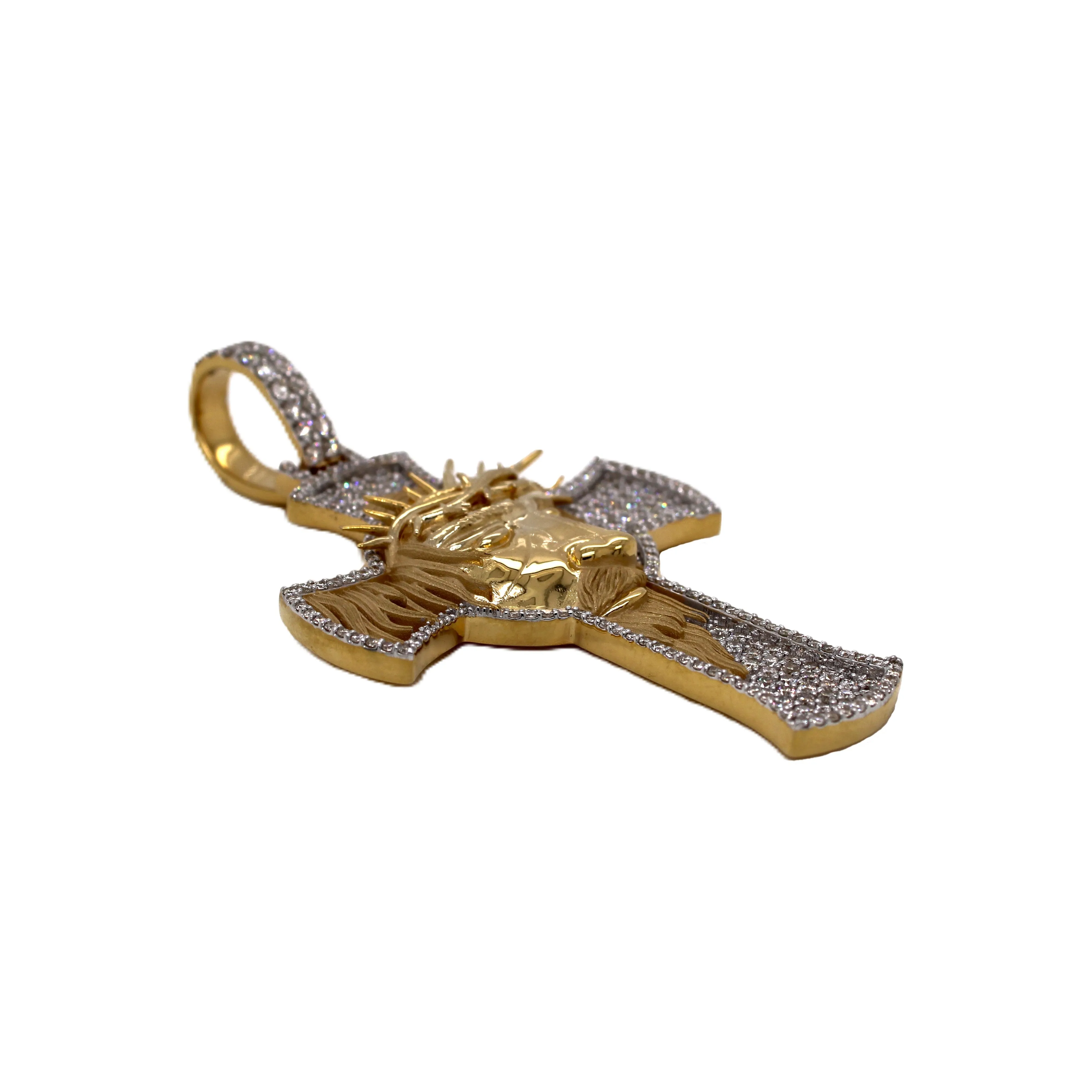 10K Yellow Gold Jesus Head Diamond Cross Pendant 1.93 CT 2.53"