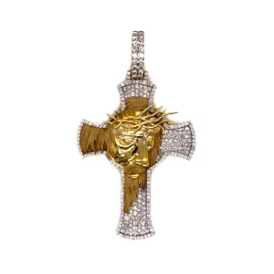 10K Yellow Gold Jesus Head Diamond Cross Pendant 1.93 CT 2.53"