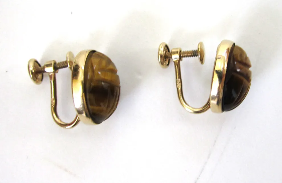 1/20 12K Yellow Gold-Filled Binder Brothers Tiger Eye Scarab Earrings