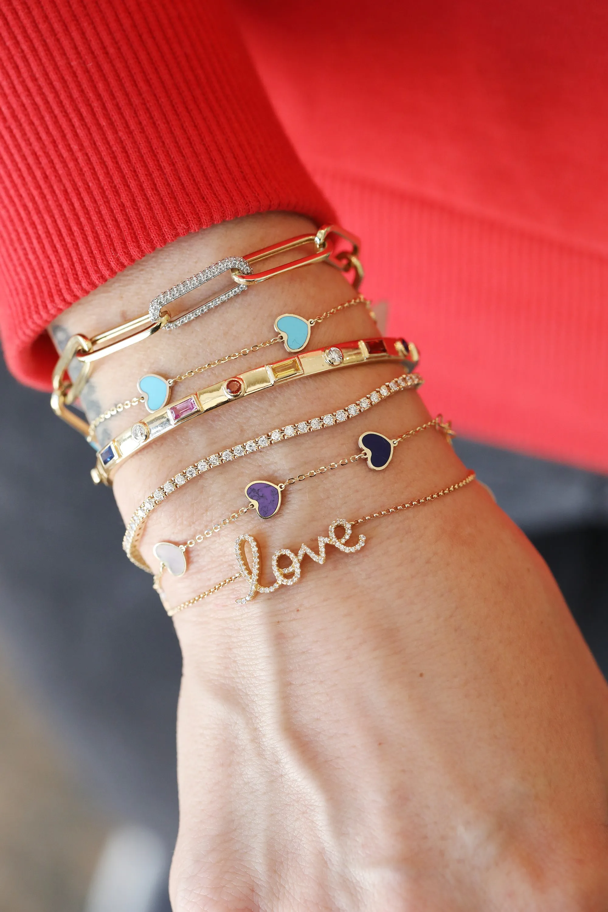 14K Gold Turquoise Inlay Heart Station Bracelet