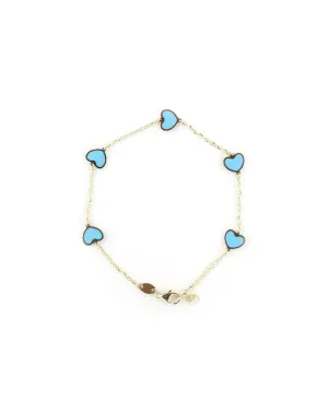 14K Gold Turquoise Inlay Heart Station Bracelet