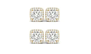 14k Yellow Gold 1/2Ct Cushion Cut White Sapphire Set Of Two Halo Stud Earrings Plated