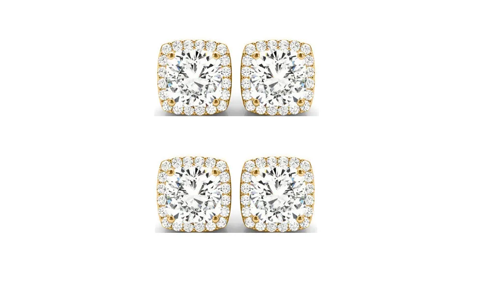 14k Yellow Gold 1/2Ct Cushion Cut White Sapphire Set Of Two Halo Stud Earrings Plated