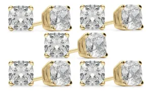 14k Yellow Gold 4Ct Cushion Cut White Sapphire Set Of Five Stud Earrings Plated
