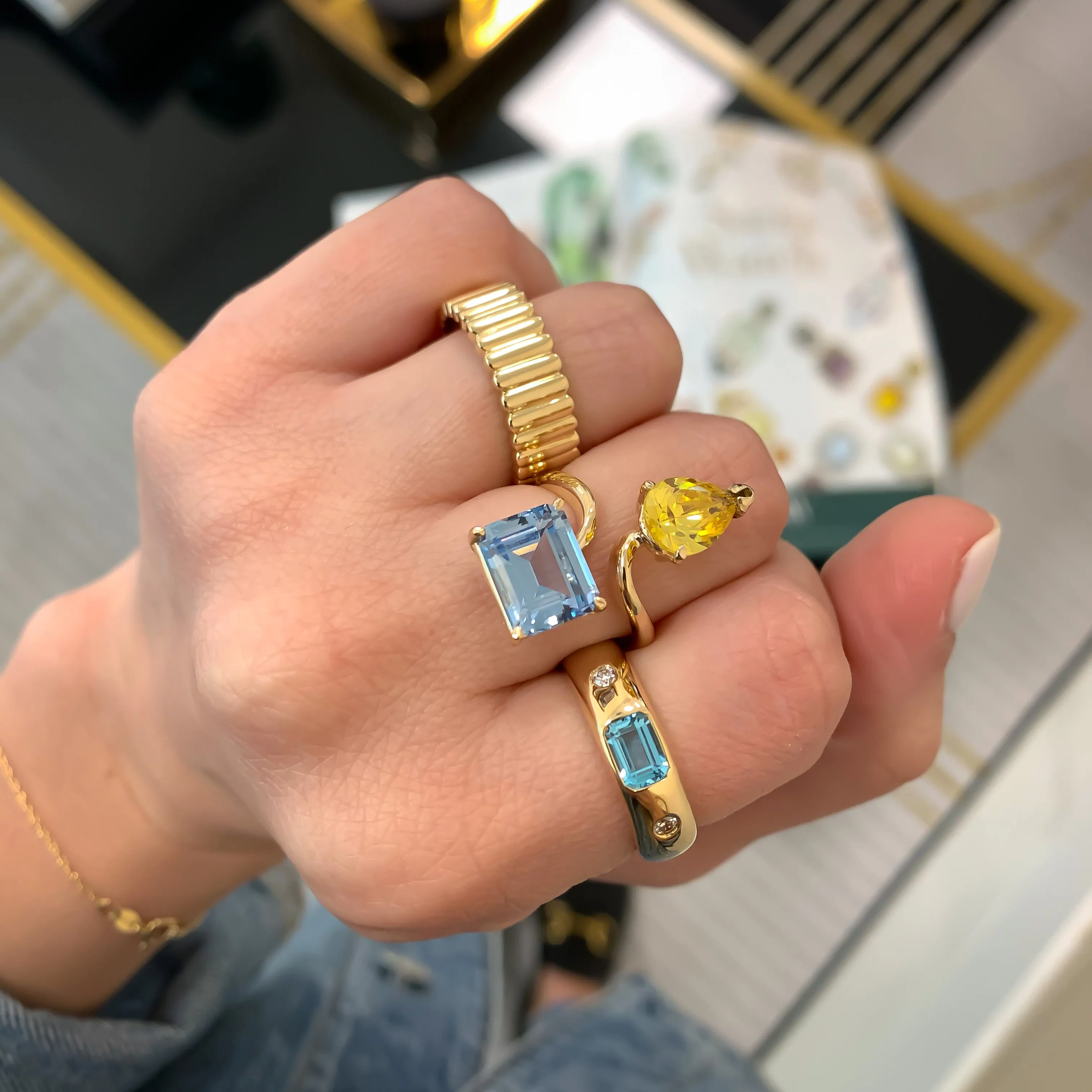 14K Yellow Gold Citrine Drop, Blue Topaz Emerald Cut Gemstones Adjustable Ring