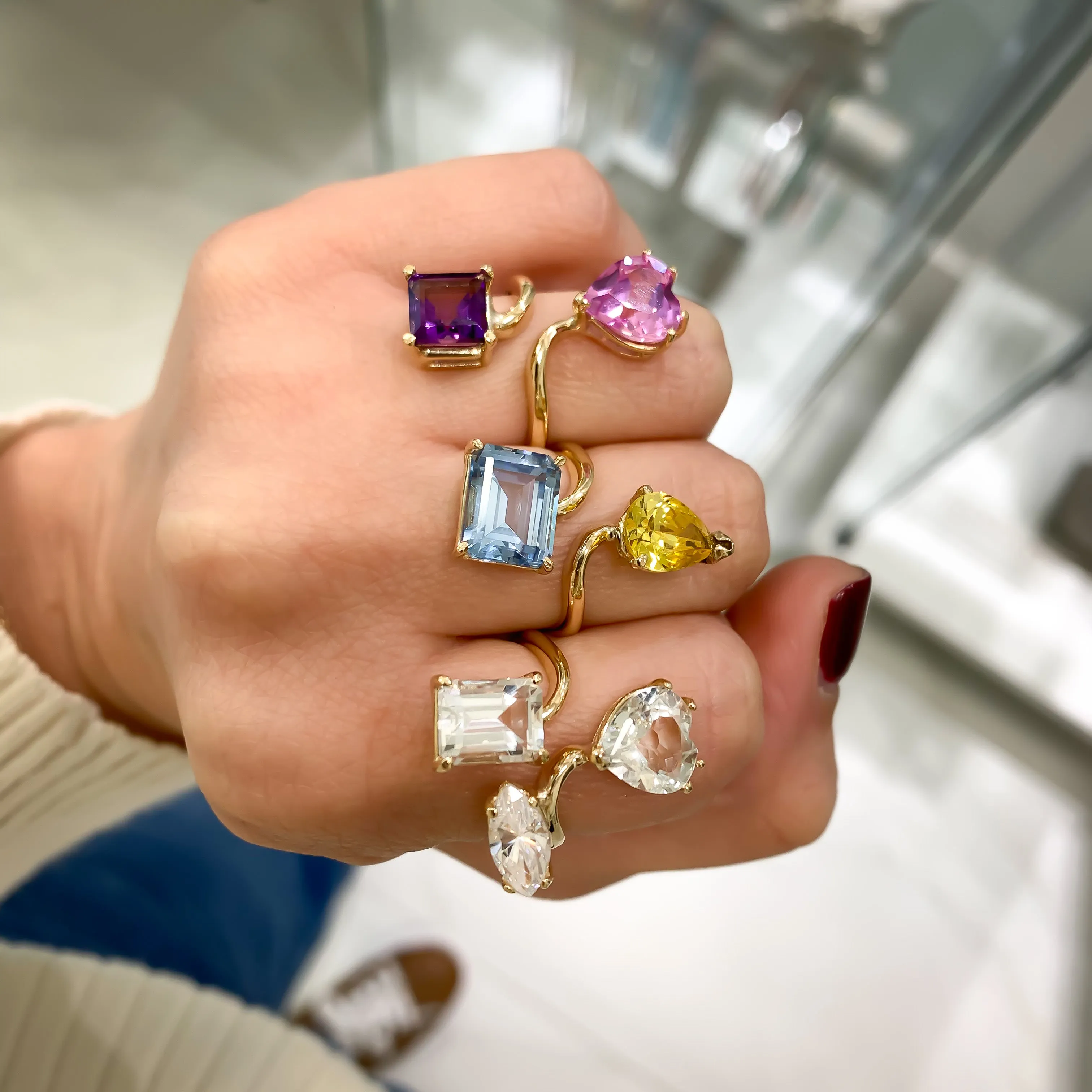 14K Yellow Gold Citrine Drop, Blue Topaz Emerald Cut Gemstones Adjustable Ring
