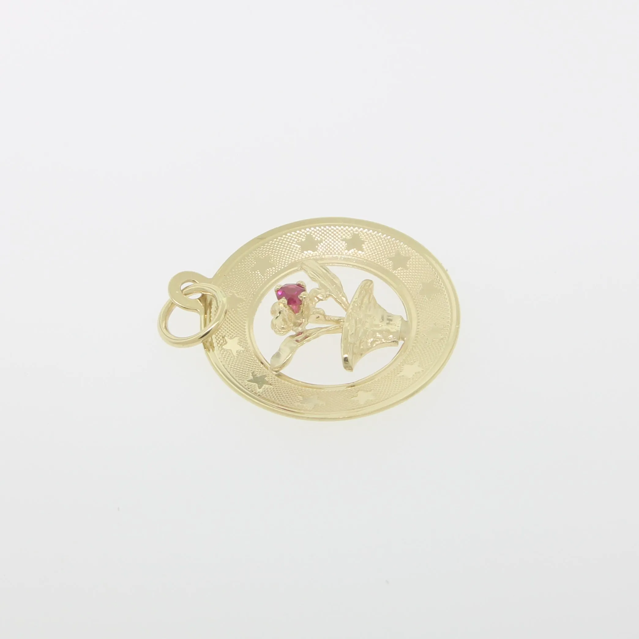 14K Yellow Gold Flower Pot with Red Stone in Circular Frame (Estate)