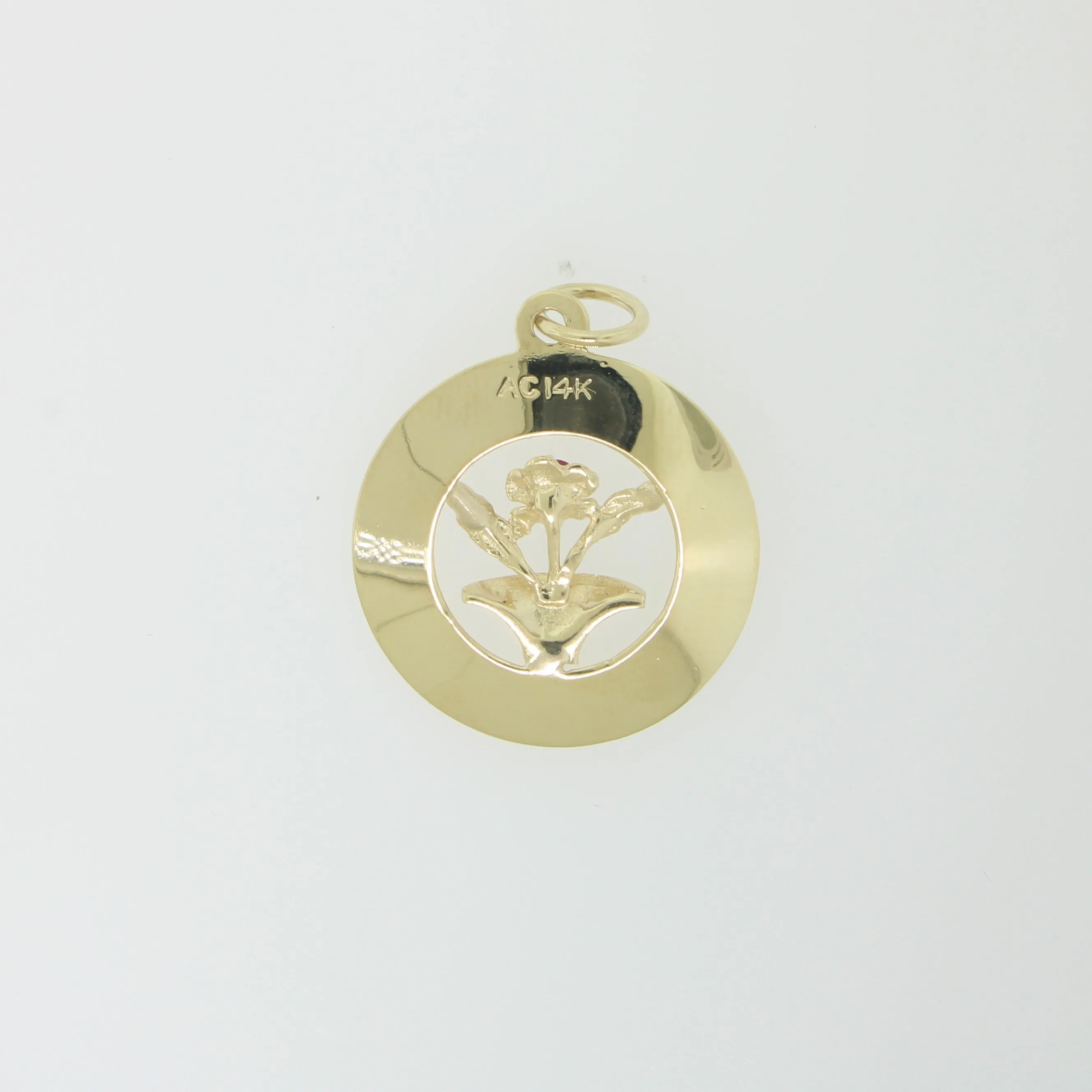14K Yellow Gold Flower Pot with Red Stone in Circular Frame (Estate)