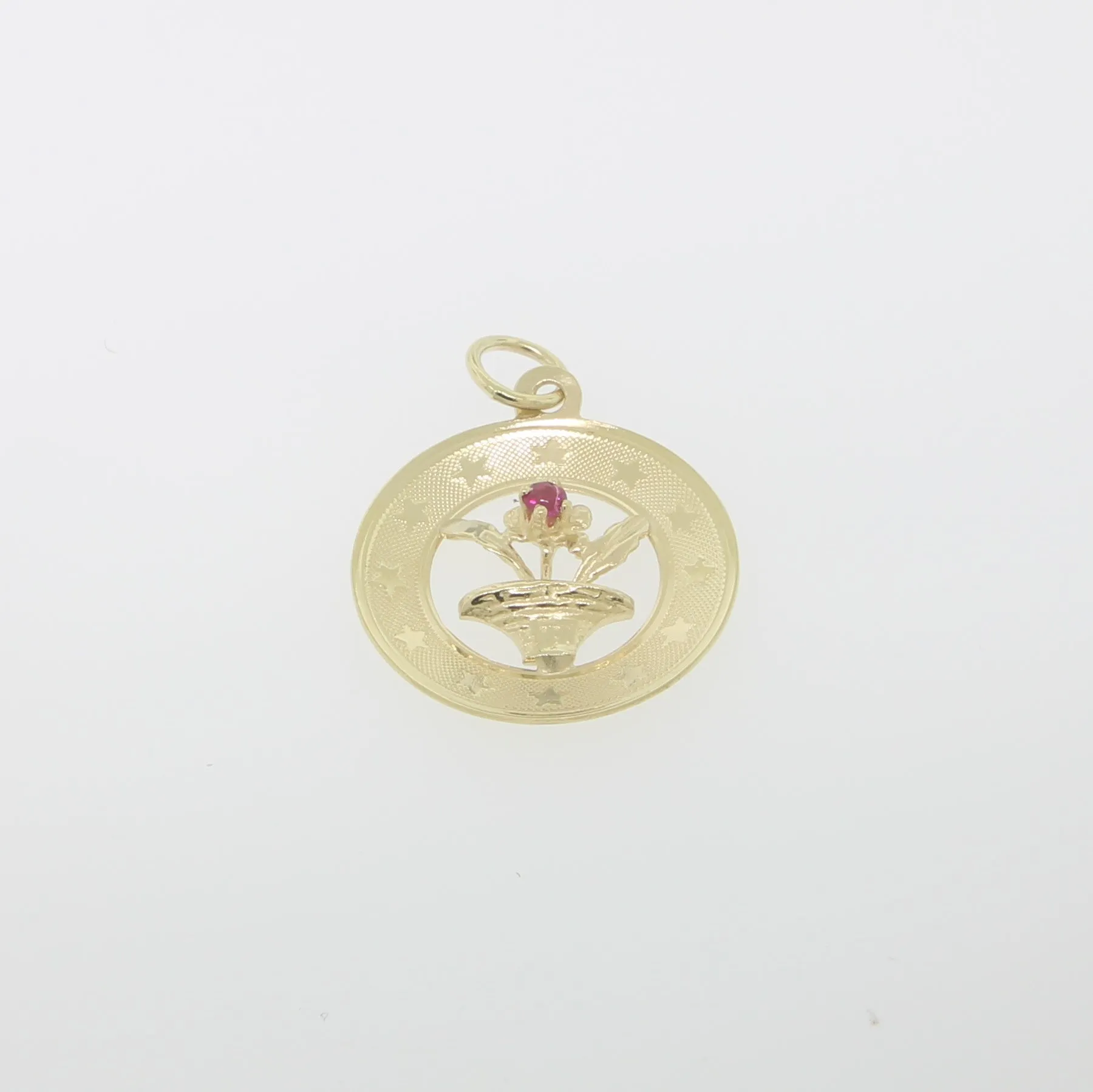 14K Yellow Gold Flower Pot with Red Stone in Circular Frame (Estate)
