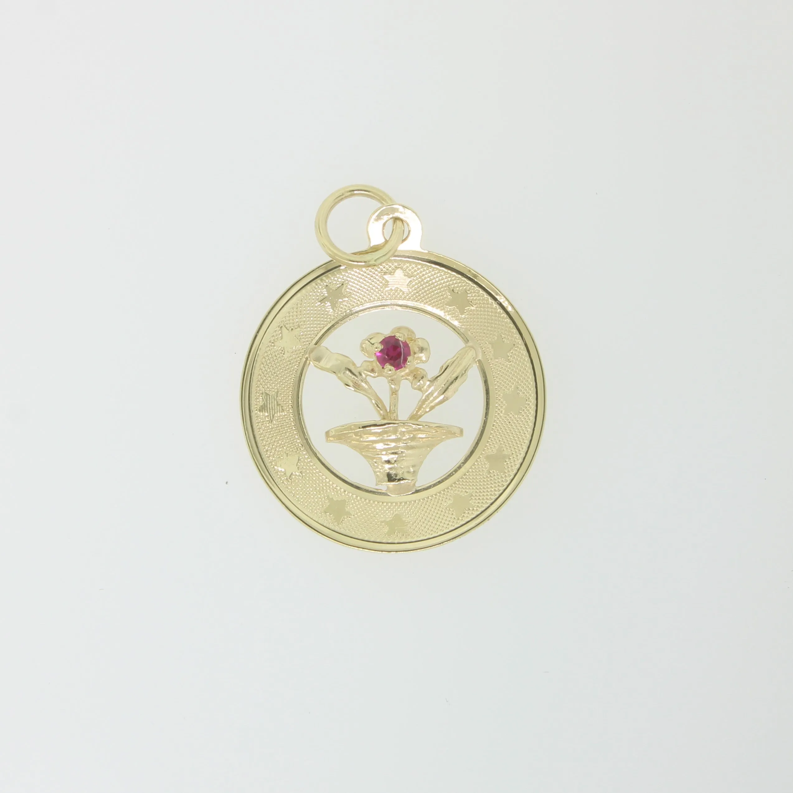14K Yellow Gold Flower Pot with Red Stone in Circular Frame (Estate)