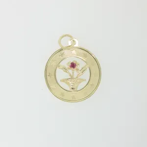 14K Yellow Gold Flower Pot with Red Stone in Circular Frame (Estate)