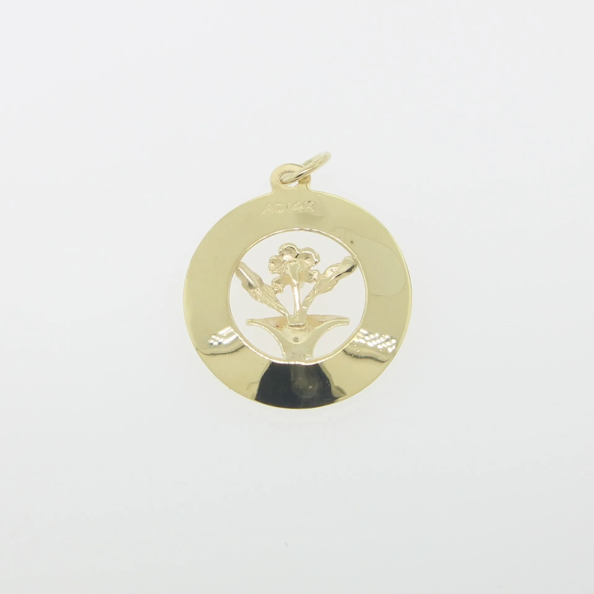 14K Yellow Gold Flower Pot with Red Stone in Circular Frame (Estate)