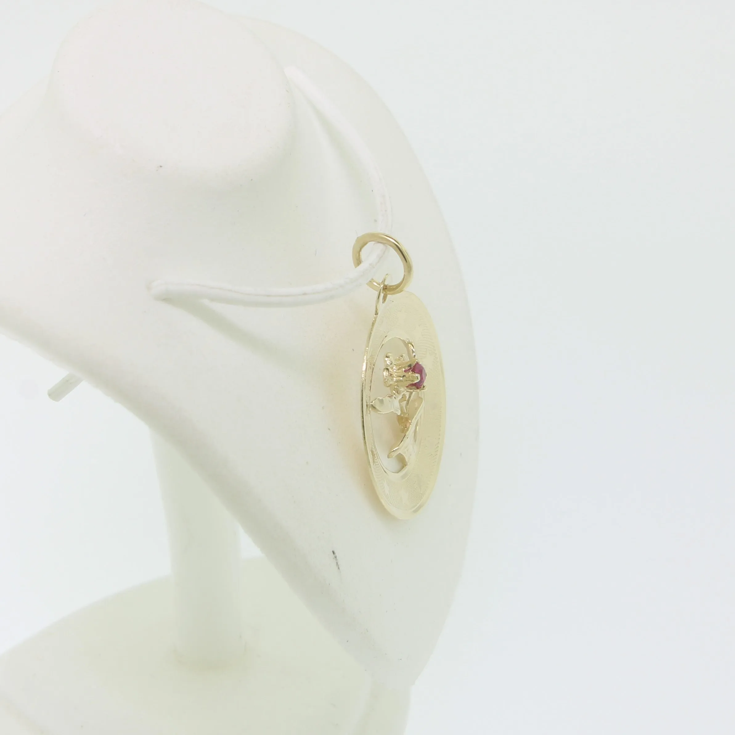 14K Yellow Gold Flower Pot with Red Stone in Circular Frame (Estate)