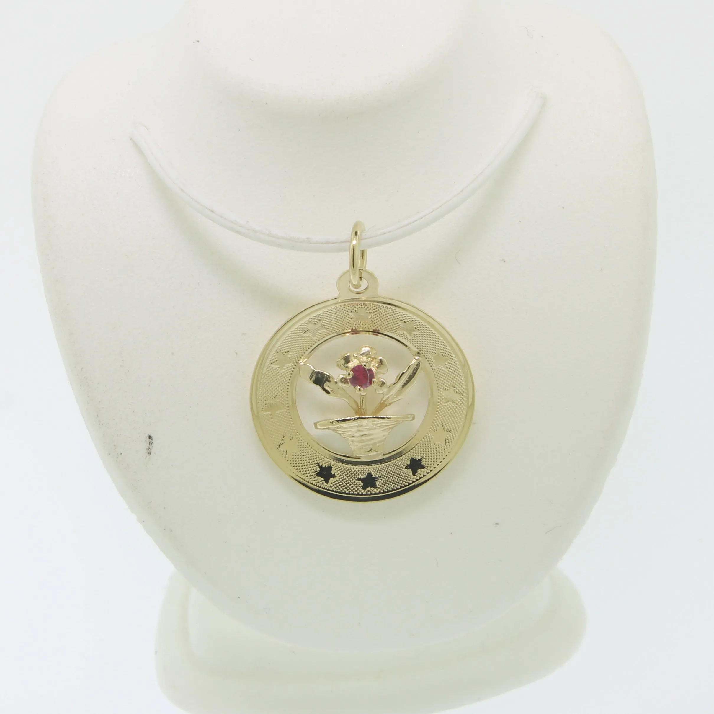 14K Yellow Gold Flower Pot with Red Stone in Circular Frame (Estate)