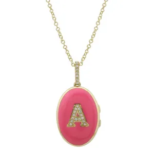 14k Yellow Gold Pink Diamond Initial Enamel Locket Necklace