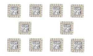 14k Yellow Gold Plated 4mm 4Ct Square Cut White Sapphire Set of Five Halo Stud Earrings