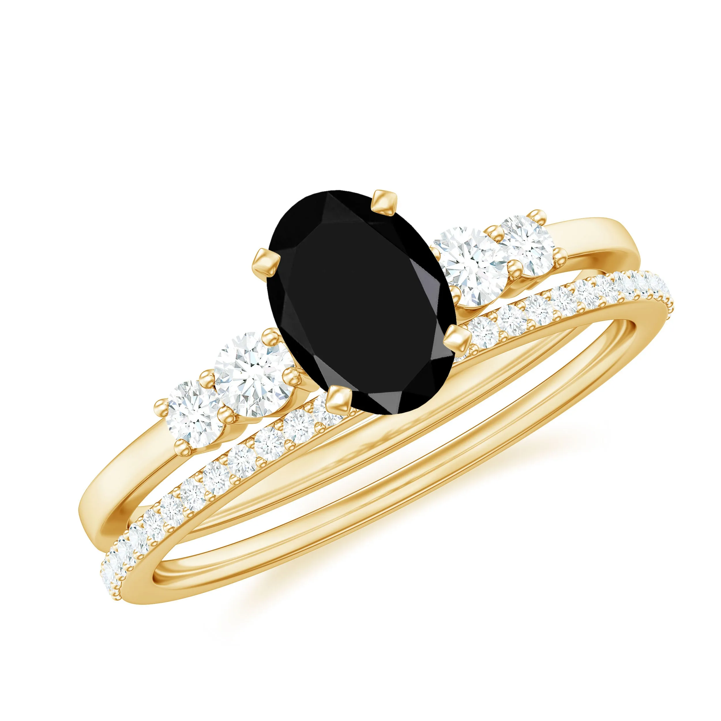 1.5 CT Oval Created Black Diamond Solitaire Ring Set with Diamond