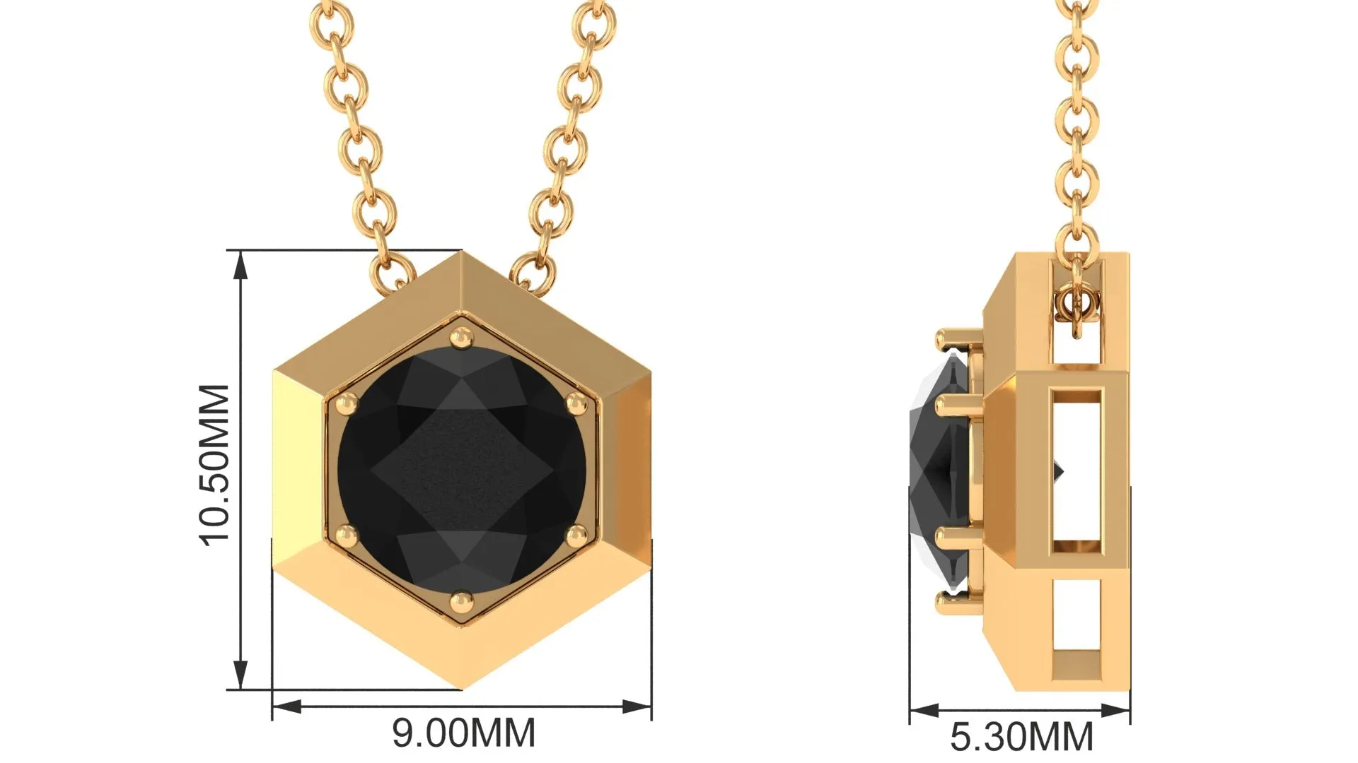 1.5 CT Round Black Spinel Gold Hexagon Pendant Necklace