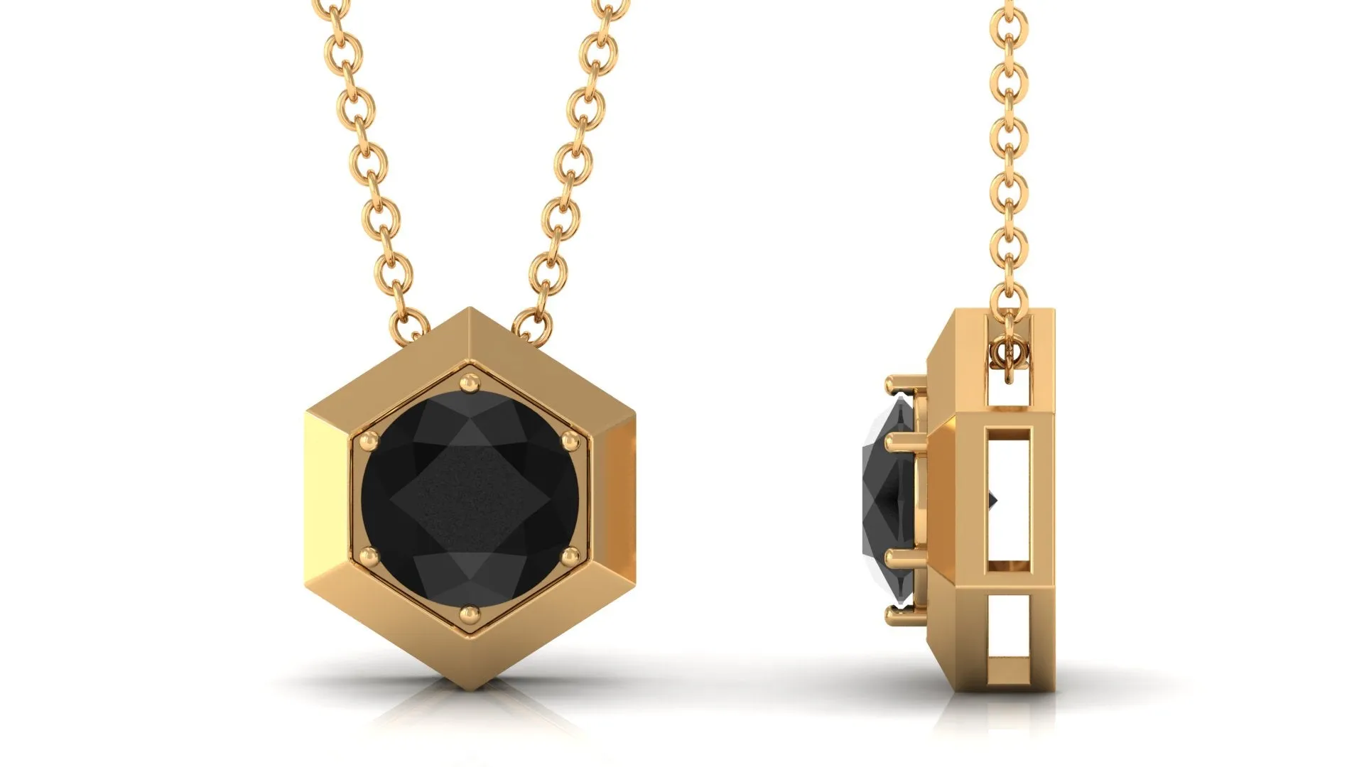 1.5 CT Round Black Spinel Gold Hexagon Pendant Necklace