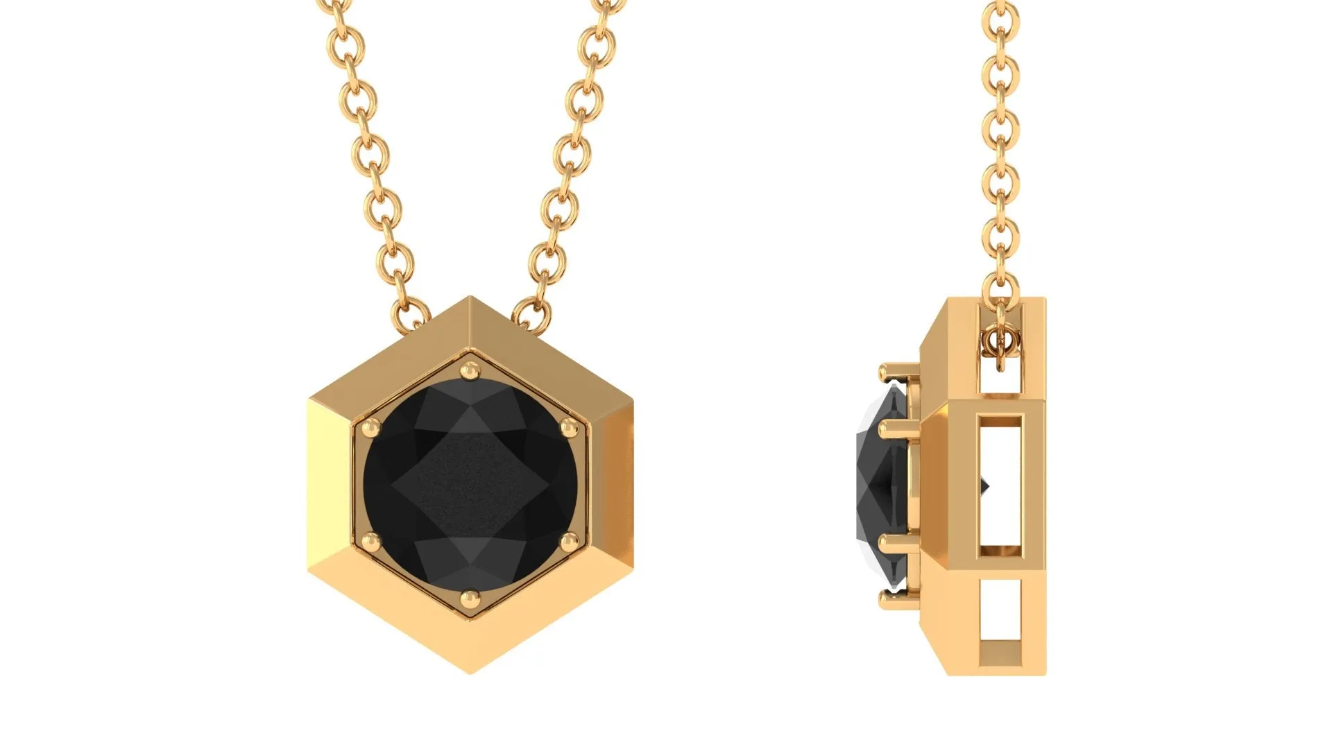 1.5 CT Round Black Spinel Gold Hexagon Pendant Necklace