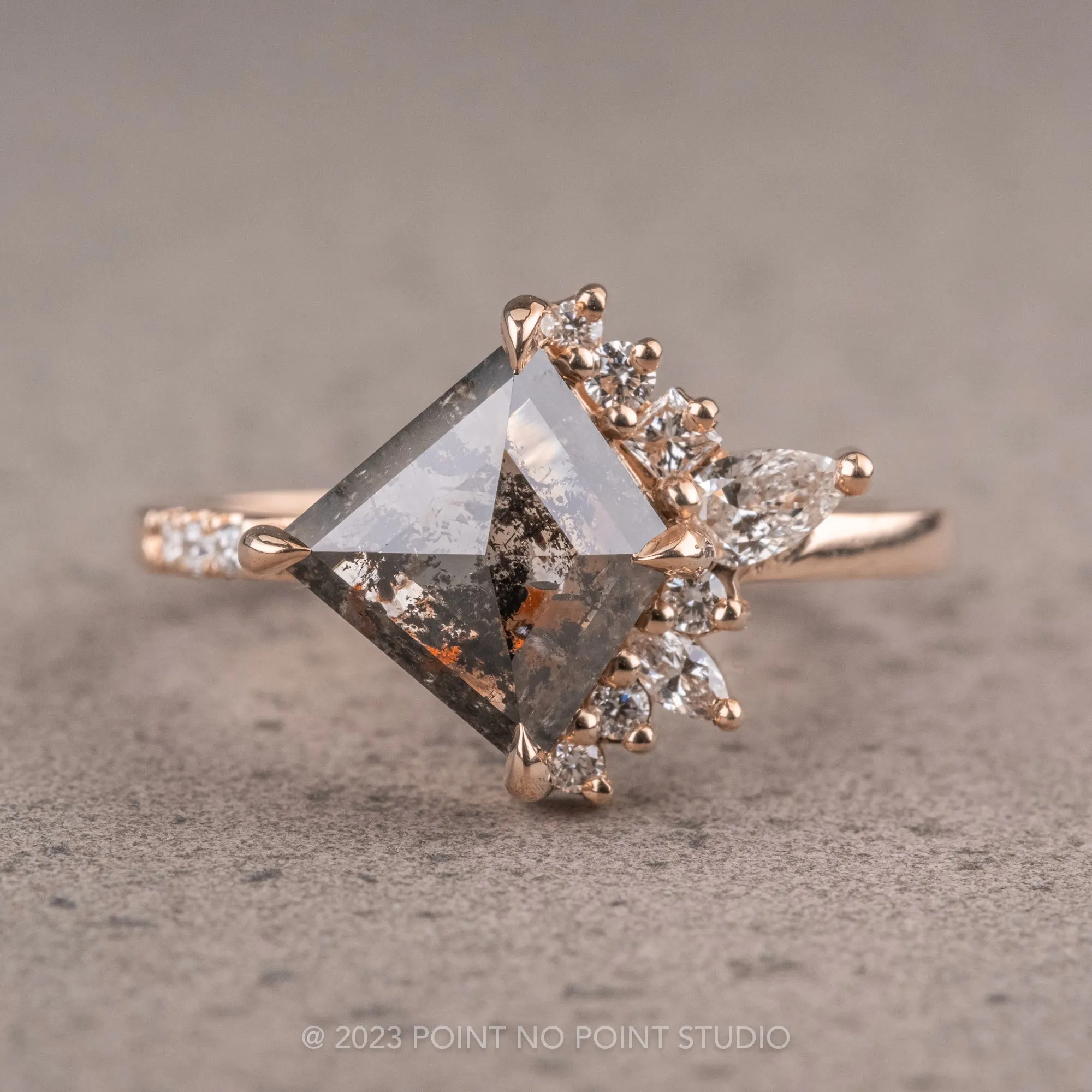 1.64 Carat Salt and Pepper Kite Diamond Engagement Ring, Sammy Setting, 14K Rose Gold