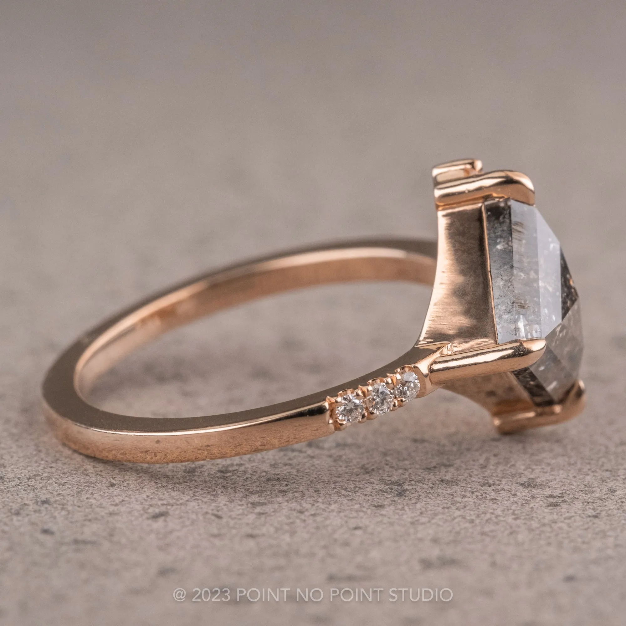 1.64 Carat Salt and Pepper Kite Diamond Engagement Ring, Sammy Setting, 14K Rose Gold