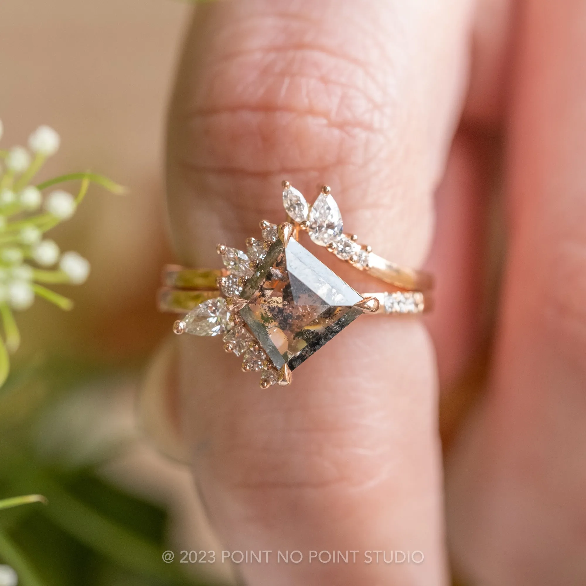1.64 Carat Salt and Pepper Kite Diamond Engagement Ring, Sammy Setting, 14K Rose Gold