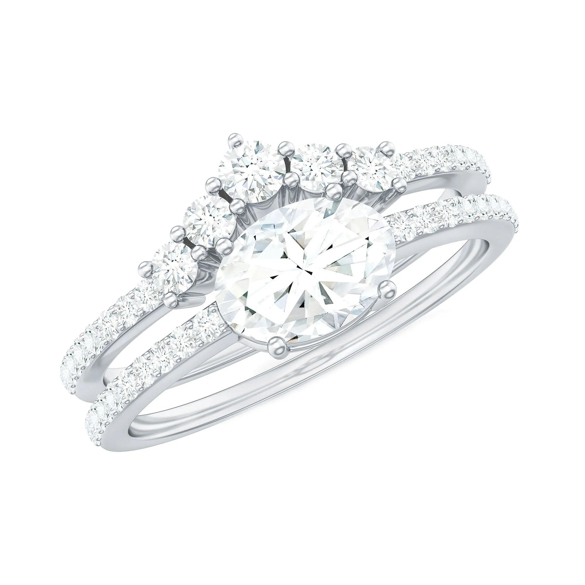 1.75 CT Oval Cut Moissanite East West Wedding Ring Set