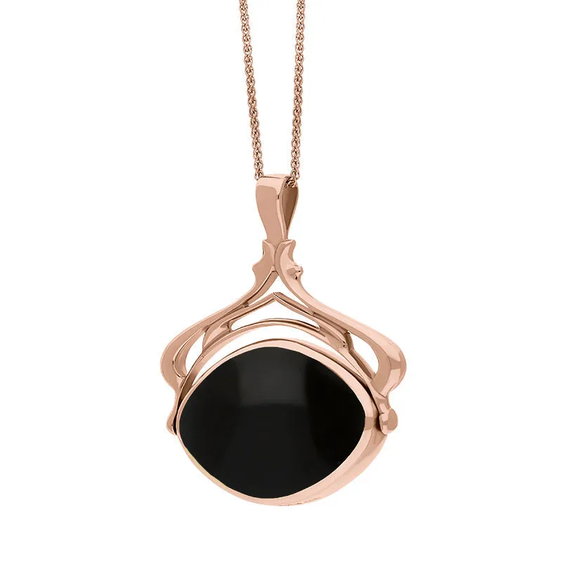 18ct Rose Gold Whitby Jet Malachite Marquise Swivel Fob Necklace