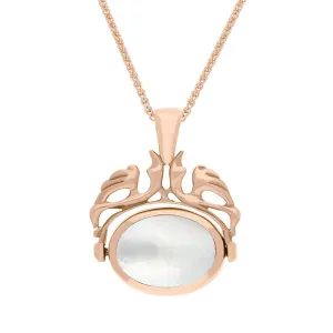 18ct Rose Gold Whitby Jet Mother Of Pearl Double Sided Oval Swivel Fob Necklace