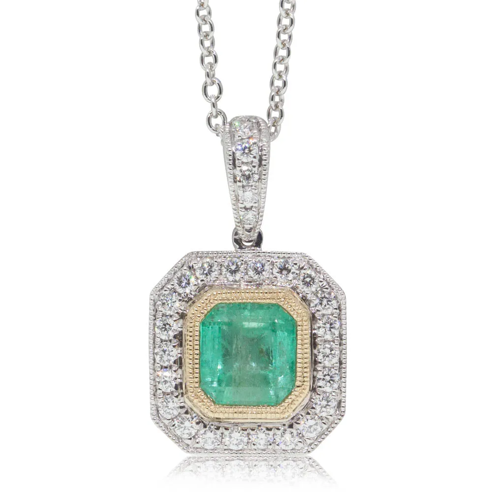 18ct White & Yellow Gold 1.12ct Emerald & Diamond Halo Pendant