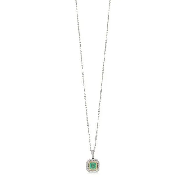 18ct White & Yellow Gold 1.12ct Emerald & Diamond Halo Pendant
