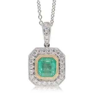 18ct White & Yellow Gold 1.12ct Emerald & Diamond Halo Pendant