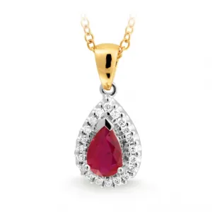 18CT Yellow Gold Ruby & Diamond Claw/Bead Set Coloured Stone Pendant