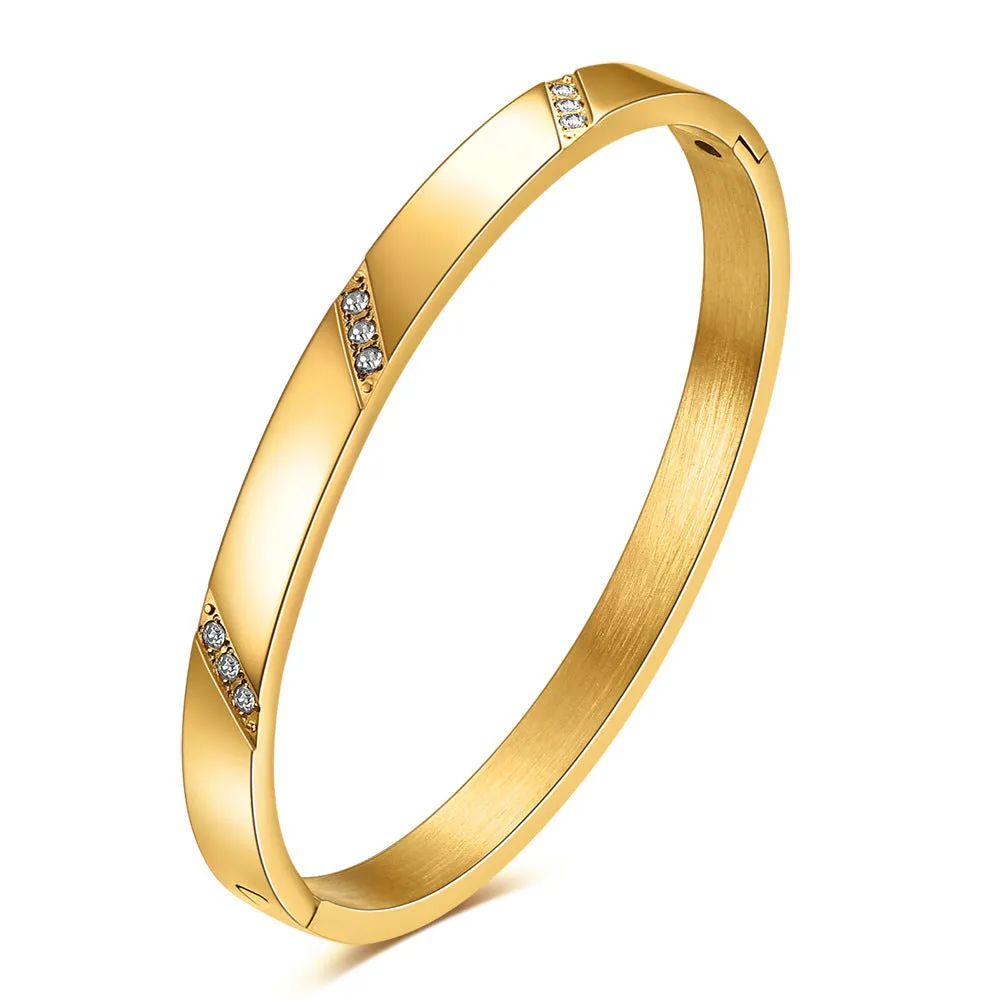 18K Gold Bracelet with 304 Stainless Steel, 6MM Simple and Elegant Design, Electroplating Craftsmanship, Fashionable Diamond Inlaid Slant Edge