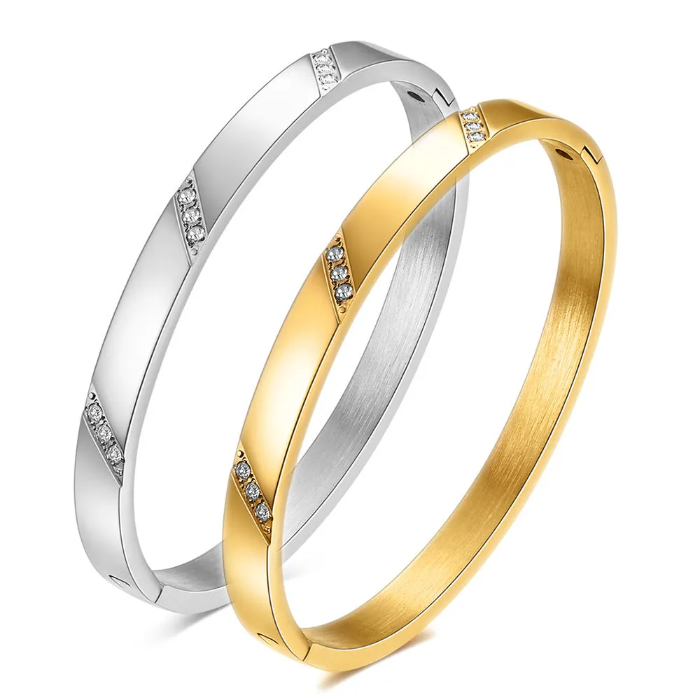 18K Gold Bracelet with 304 Stainless Steel, 6MM Simple and Elegant Design, Electroplating Craftsmanship, Fashionable Diamond Inlaid Slant Edge