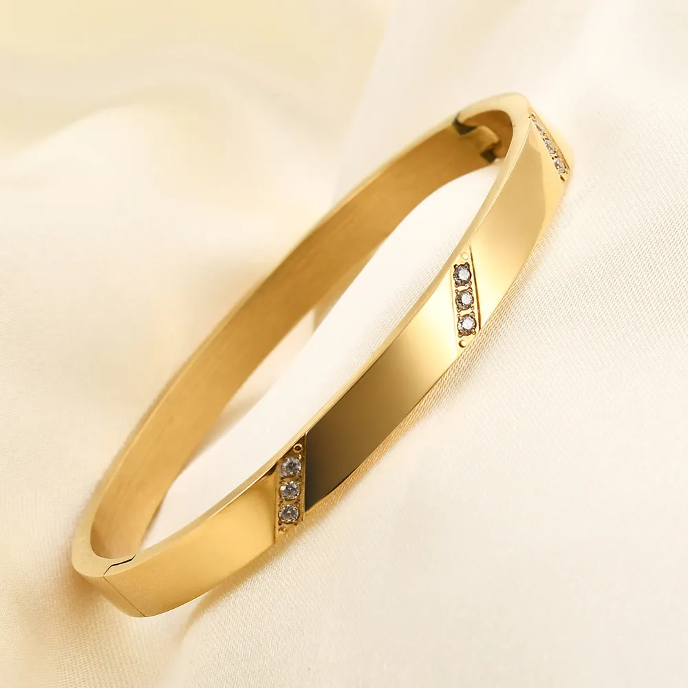 18K Gold Bracelet with 304 Stainless Steel, 6MM Simple and Elegant Design, Electroplating Craftsmanship, Fashionable Diamond Inlaid Slant Edge