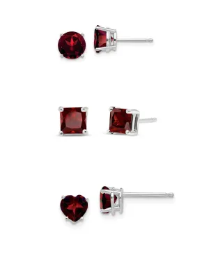 18k White Gold Plated 1/4Cttw 4mm Created Garnet 3 Pair Round, Square and Heart Stud Earrings