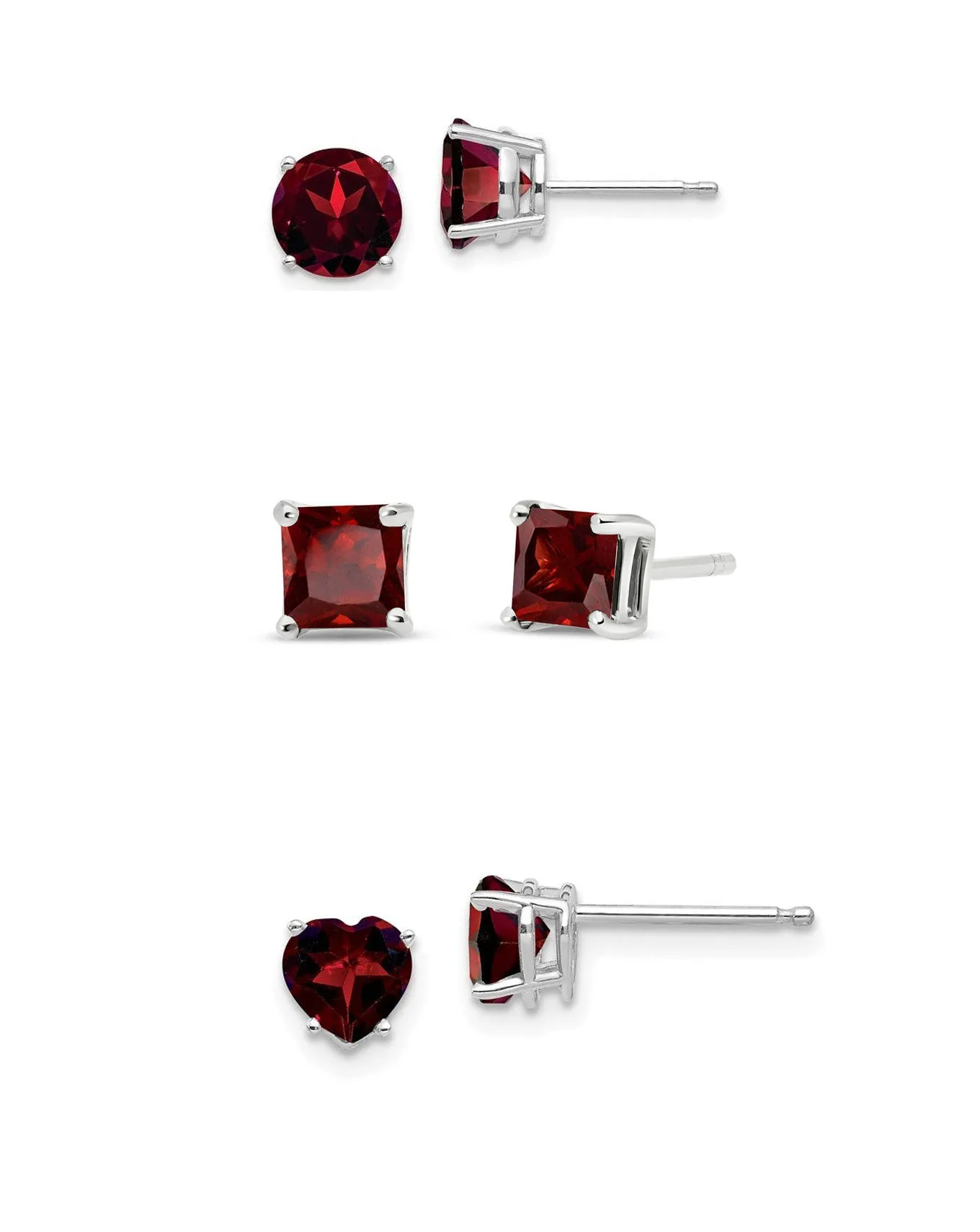 18k White Gold Plated 1/4Cttw 4mm Created Garnet 3 Pair Round, Square and Heart Stud Earrings