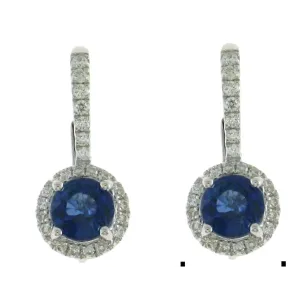 18K White Gold Sapphire Dangle Earrings with Diamond Halo