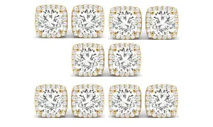 18k Yellow Gold 4mm 1Ct Cushion Cut White Sapphire Set Of Five Halo Stud Earrings Plated