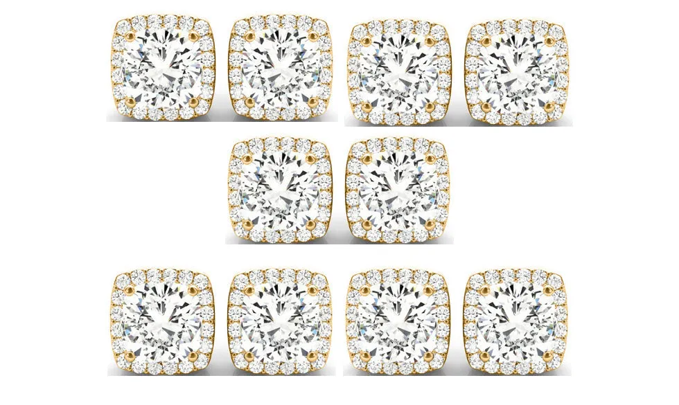 18k Yellow Gold 4mm 1Ct Cushion Cut White Sapphire Set Of Five Halo Stud Earrings Plated