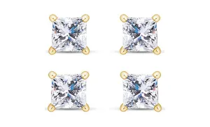 18k Yellow Gold Plated 4mm 1/2Ct Princess Cut White Sapphire Set Of Two Stud Earrings