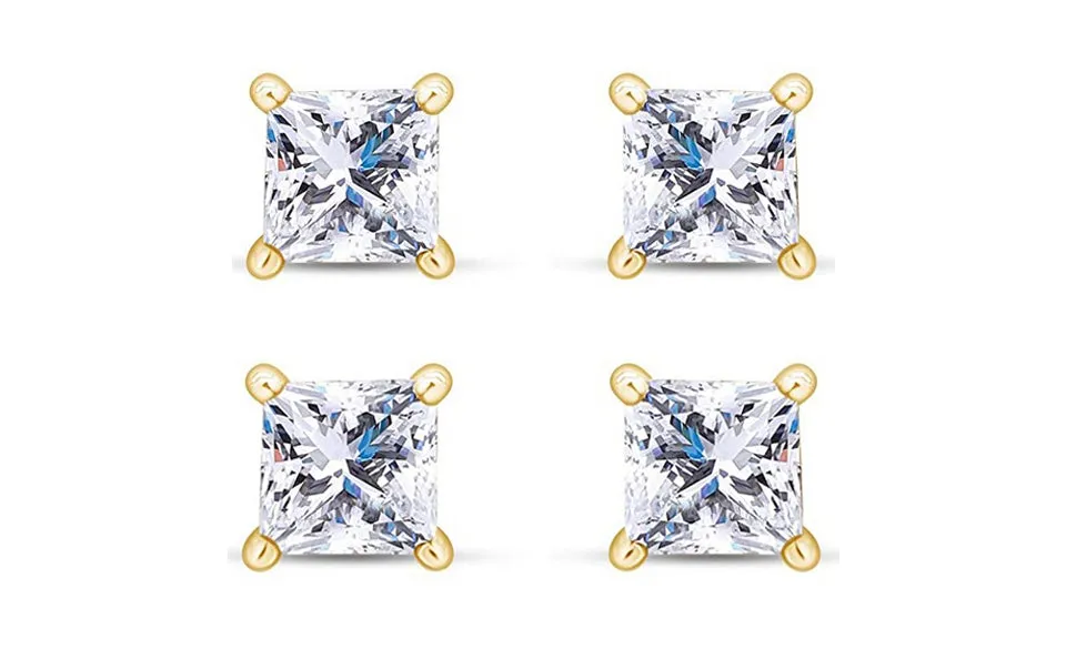 18k Yellow Gold Plated 4mm 1/2Ct Princess Cut White Sapphire Set Of Two Stud Earrings