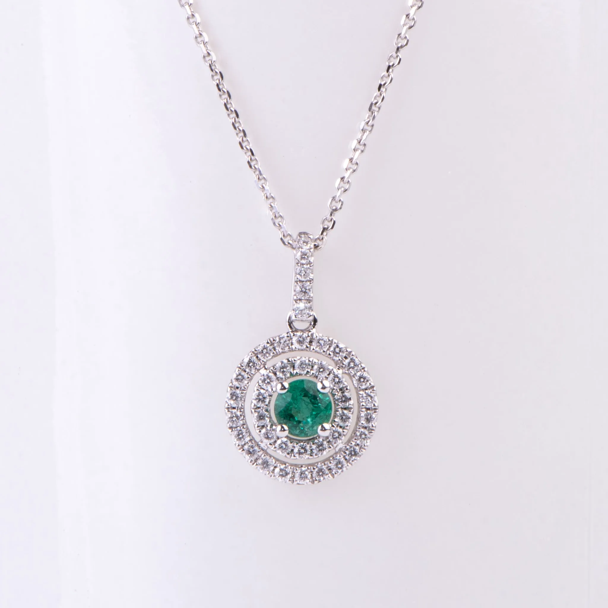 18kt White Gold Natural Emerald and Diamond Pendant