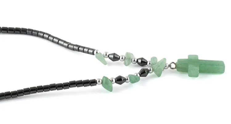 18" Green Aventurine Cross Stone Hematite Necklace