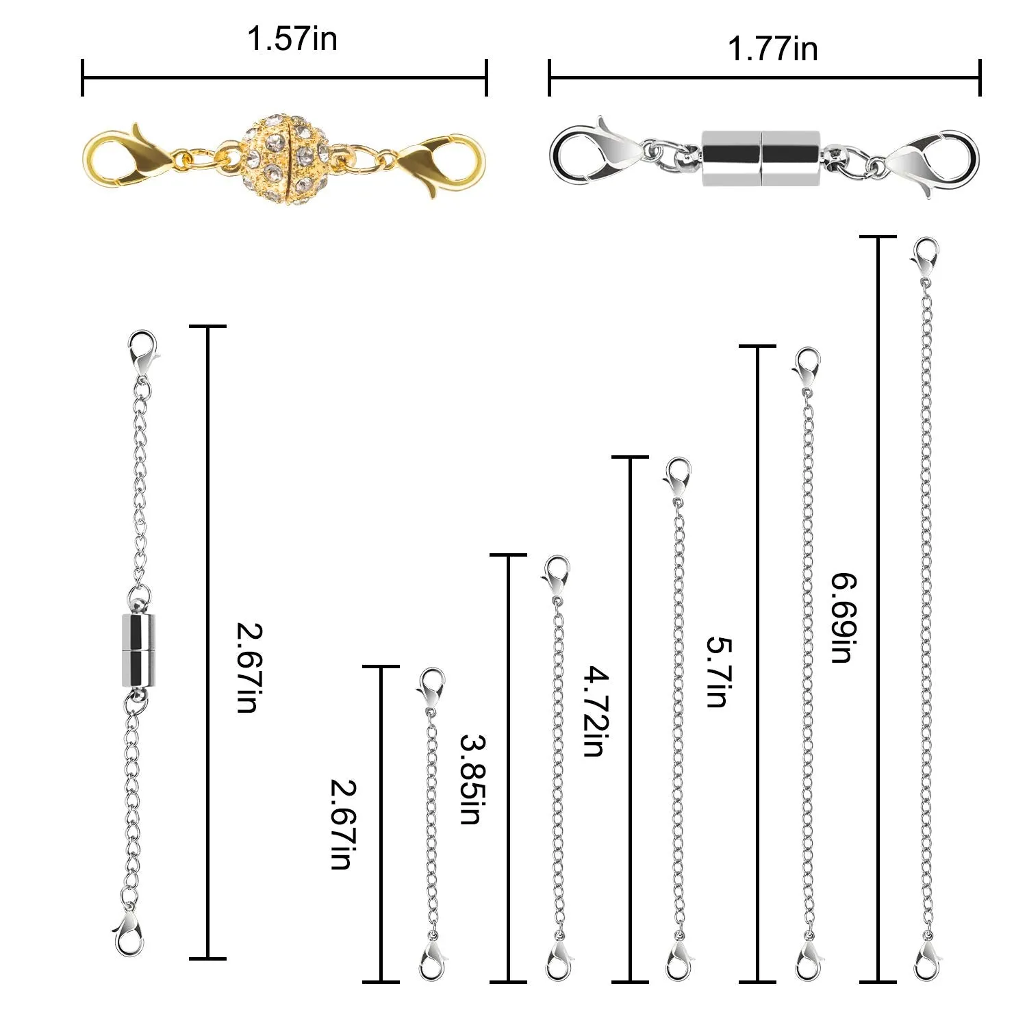 22Pcs Magnetic Jewelry Clasps, Weapow Unique Stainless Gold Silver Rhinestone Ball Lobster Chain Necklace Closures Extenders Kit for Bracelet