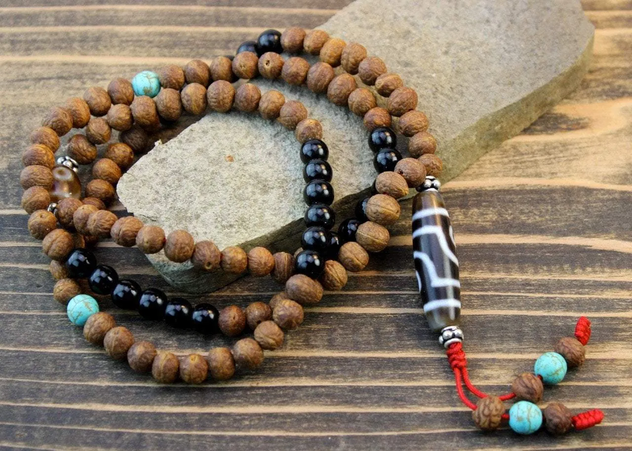 3 Eye Dzi Bead Necklace Onyx and Raktu Seed